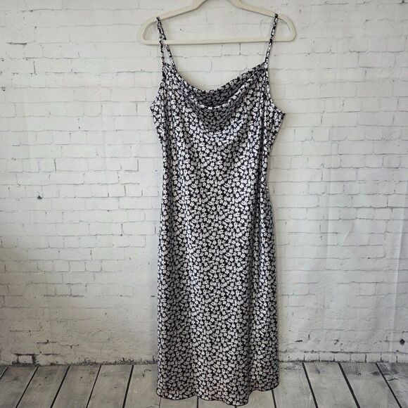 Bebe Black White Ditzy Floral Midi Slip Dress Size L Stretch Satin NEW Cowl Neck - Picture 2 of 10